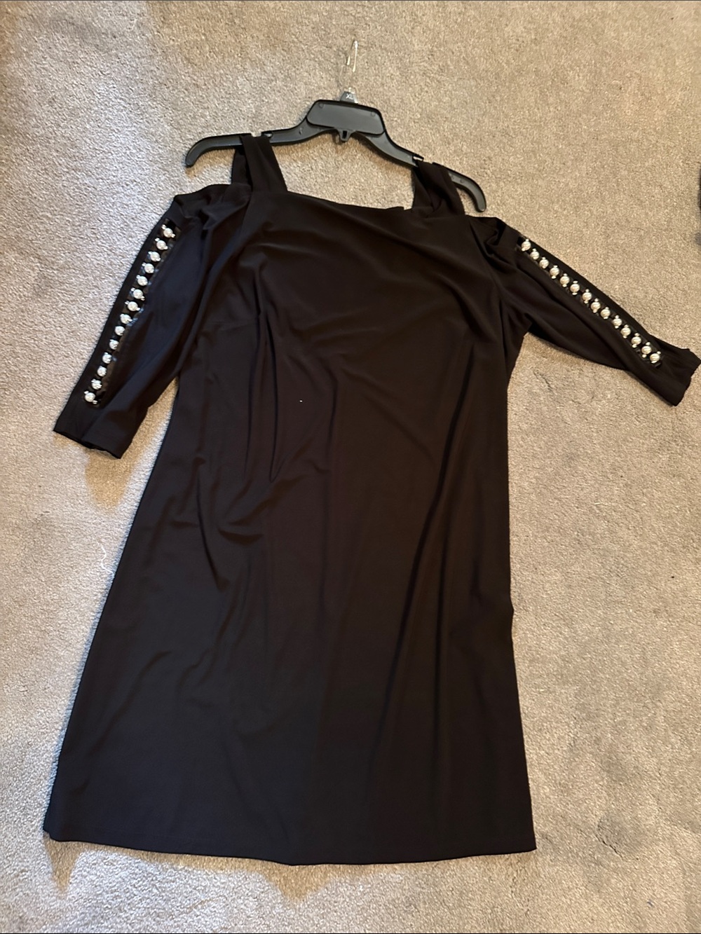 Black Cold-Shoulder Long Sleeve Dress with Pearl-Trim Sleeves